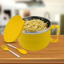 Red bowl with a handle and a lid, perfect for breakfast, fruits, ramen, and beverages. Dishwasher safe and sturdy.