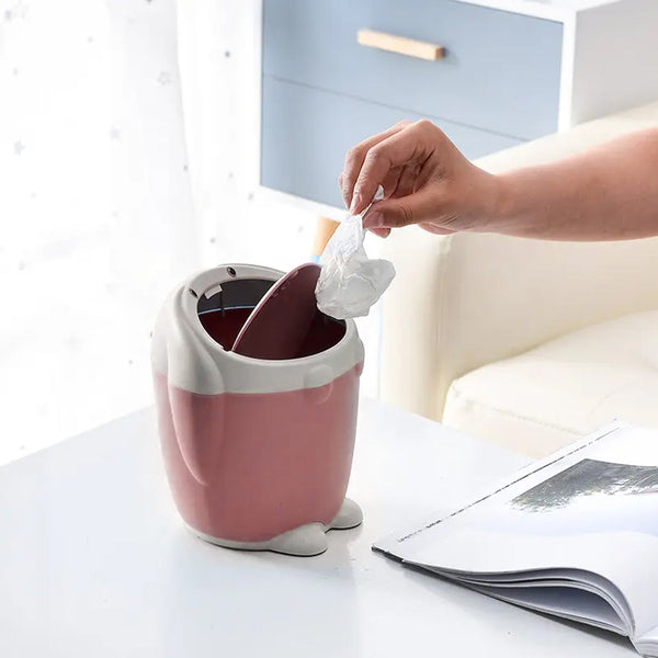 Small white rabbit trash can with lid, suitable for cars and desks.