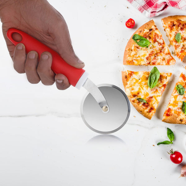 Ganesh pizza cutter wheel, stainless steel, close-up view.