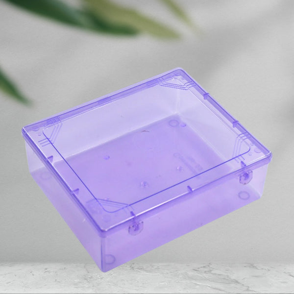 Transparent plastic storage container with lid, ideal for storing household items and organizing spaces.