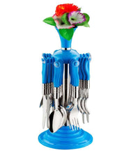 Durable stainless steel cutlery set with colorful plastic handles, 24 pieces.