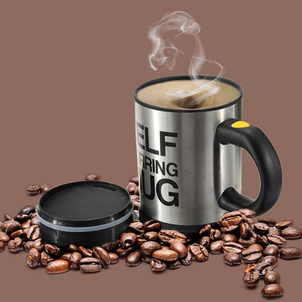 Self-stirring mug for effortless mixing of coffee and beverages at home or office.