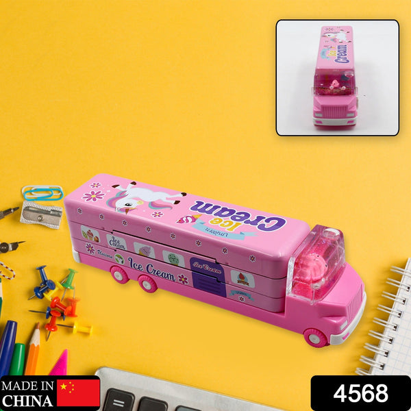 Double Decker Magic Truck Compass Multi Level Metal Truck Compass Pencil Case with Movable Wheels & Sharpener (Mix Design)